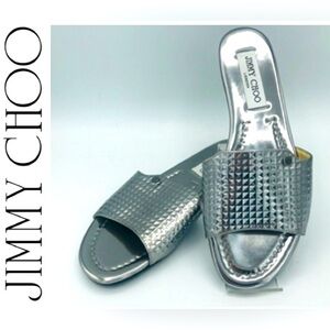 Jimmy Choo Nanda Mirrored Leather Slides in Silver (“Steel”) Size 38.5 (I)